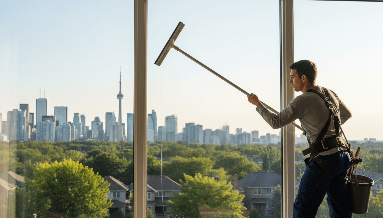 Professional window cleaner in Toronto working on a residential window