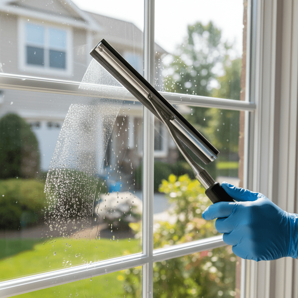 Professional window cleaner working on a Toronto home exterior with a telescopic pole