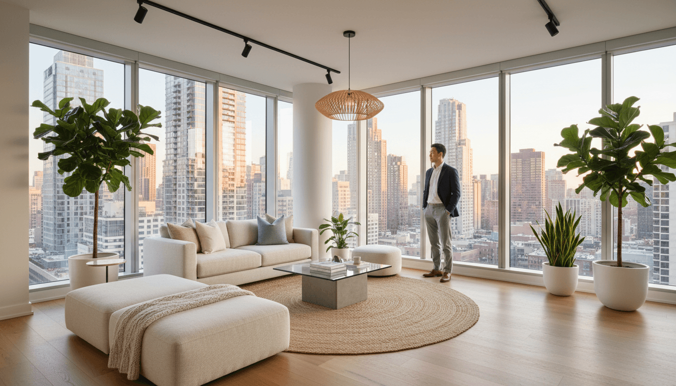 Bright Toronto living room with large windows and a phone showing a booking screen